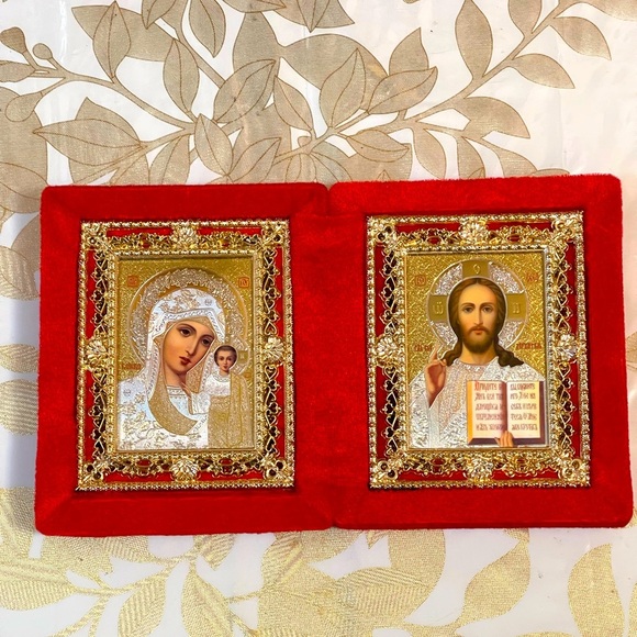 Orthodox Icon Diptych Jesus Christ & Virgin Mary With Child IVelvet Box 5,5x9.5” - Picture 1 of 4